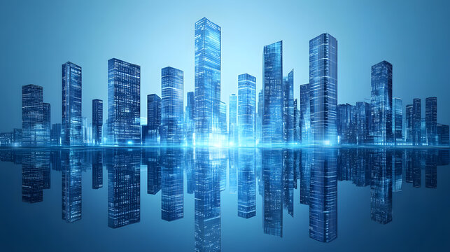 Modern skyscrapers of a smart city, futuristic financial district, graphic perspective of buildings and reflections - Architectural blue background for corporate and business broc