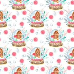 Christmas and New Year seamless pattern: snow globe, poinsettia, gingerbread house on white.Winter watercolor background for wrapping, paper, textile print, presents, cards, holiday, decoration design