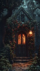 Mysterious wooden door surrounded by lush foliage at twilight.