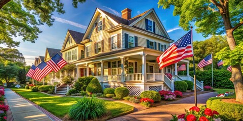 Fototapeta premium Traditional American House with Flags in a Peaceful Community Setting, Emphasizing Patriotism and Togetherness