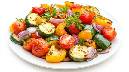 A colorful plate of Greek-style roasted vegetables with bell peppers, zucchini, cherry tomatoes