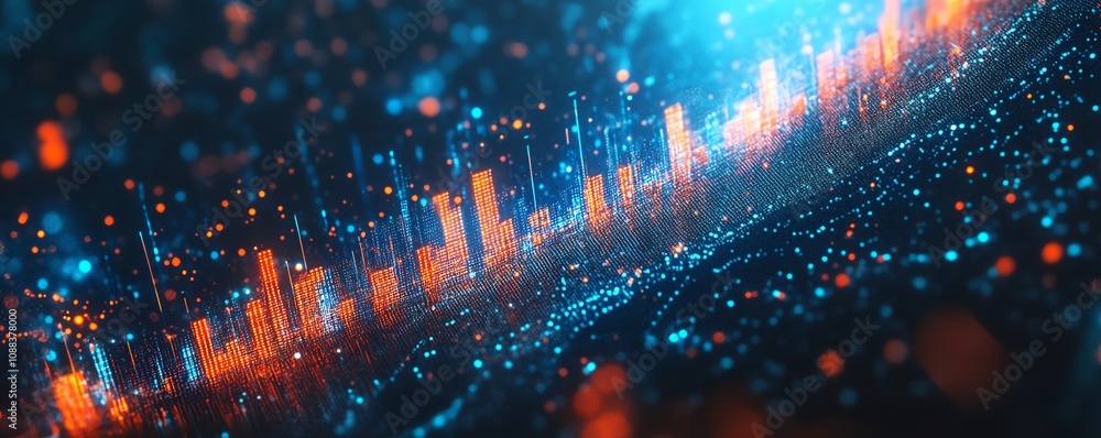 Aufkleber blue financial growth chart with an upward arrow and rising data graph, set on an abstract backgroun