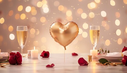 Romantic dinner setup with gold balloons and roses cozy home environment elegant decor intimate ambiance