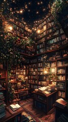 A cozy, enchanted library filled with books and twinkling lights.