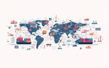 Obraz premium Conceptual illustration of international trade and supply chains, featuring interconnected global value chains between manufacturers, suppliers, and distributors across continents