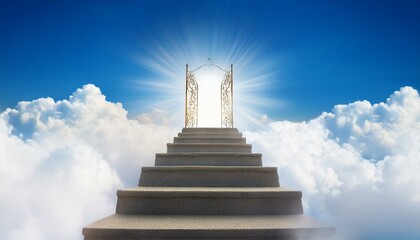 staircase and gate in heaven in the clouds, symbol of paradise