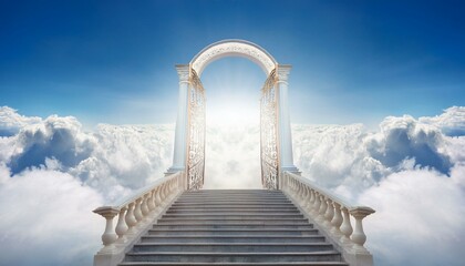 staircase and gate in heaven in the clouds, symbol of paradise