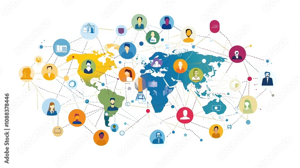 Poster global network of interconnected people and businesses visualized on a world map.