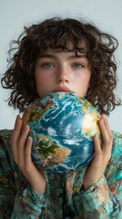 Fototapeta premium A young Caucasian girl holds a globe, symbolizing care for the planet's future.