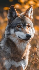 Obraz premium A majestic wolf gazing confidently with striking amber eyes in a golden field.