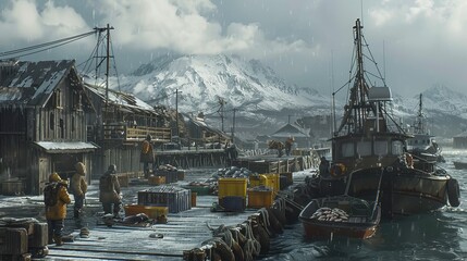A serene winter harbor scene with fishing boats, snowy mountains, and wooden structures, showcasing a tranquil yet bustling coastal environment.