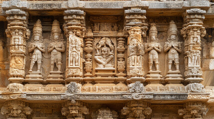 Obraz premium Intricate Stone Carvings: Ancient Temple Facade, India, Relief Sculpture, Architectural Detail