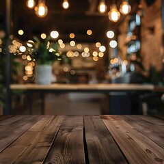 Empty wooden table in front of coffee shop with bokeh background.