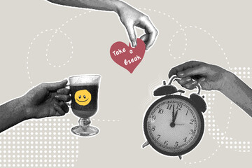 Fashionable halftone collage. Break concept, time for rest, coffee break to relax after long work, remove drowsiness and fatigue, cheer up. Hand with hot tea, coffee, break time, relaxation, recovery