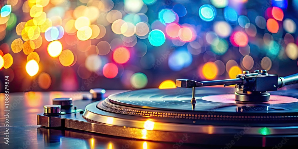 Poster vibrant turntable with bokeh effect in abstract colorful background for music and dj themes