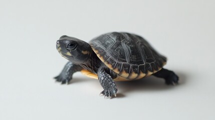 Obraz premium Little turtle crawling forward slowly on white background