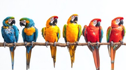 Colorful parrots sitting on branches white background