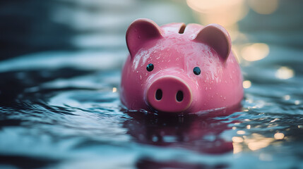Pink piggy bank floats on water, drowning, about to sink - Concept of investment failure, budget issue, financial risk, debt problem, bankruptcy, economy crisis
