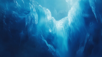 Ethereal Arctic Ice Cave: Underwater Ice Formations, Glacial Blue, Crystalline Structures, Winter Wonderland, 3D Rendering