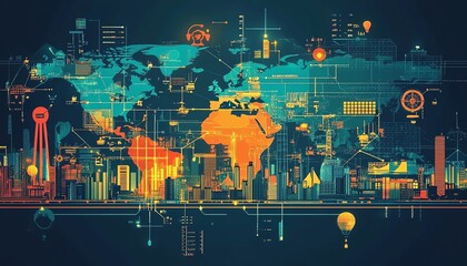 Intricate international trade illustration showing global value chains and the flow of products between manufacturers, suppliers, and distributors across multiple regions