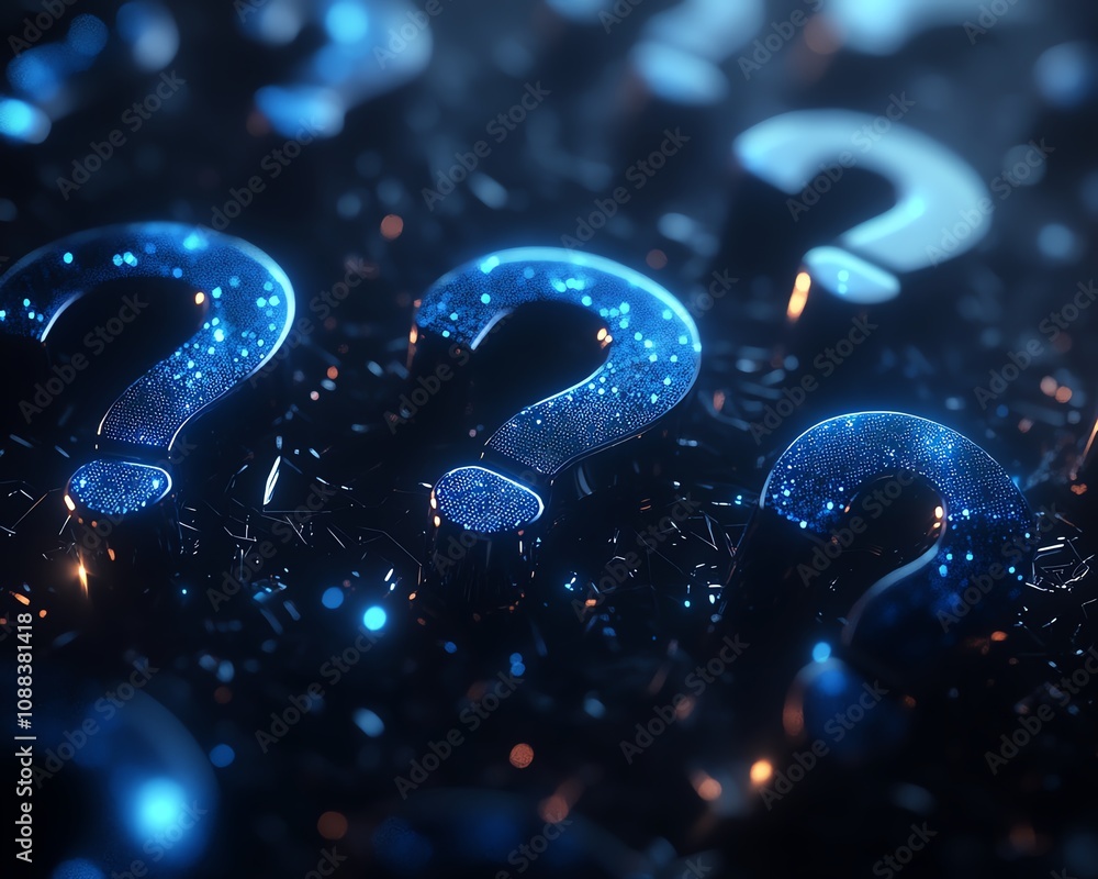 Poster abstract dark background with glowing digital blue question marks, creating a mysterious atmosphere 