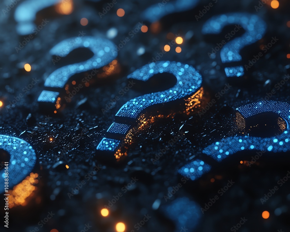Poster abstract dark background with glowing digital blue question marks, creating a mysterious atmosphere 