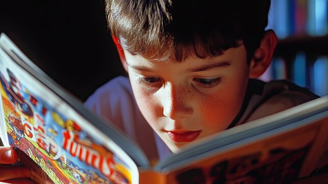 A young boy engrossed in reading a comic book