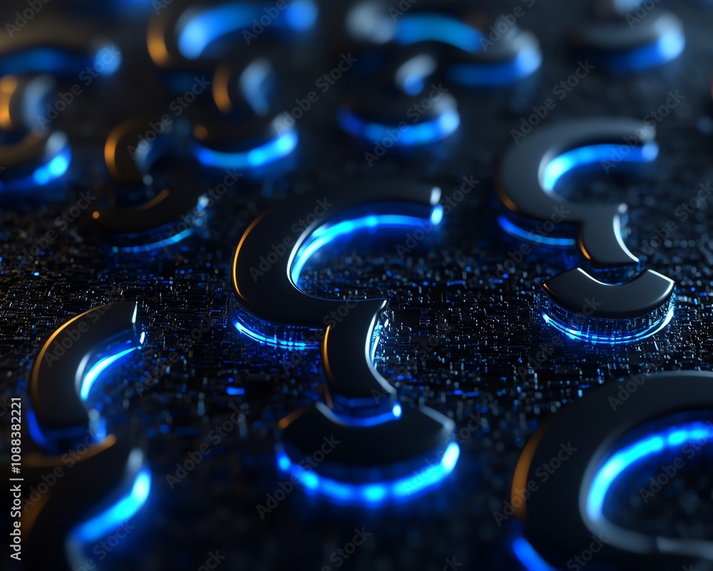 Poster dark abstract background with numerous glowing blue digital question marks, rendered in 3d for a fut