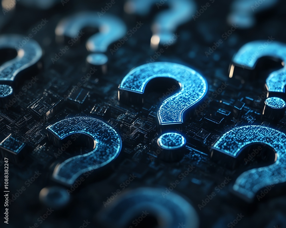 Poster digital 3d rendering of a dark abstract background filled with glowing blue question marks, symboliz