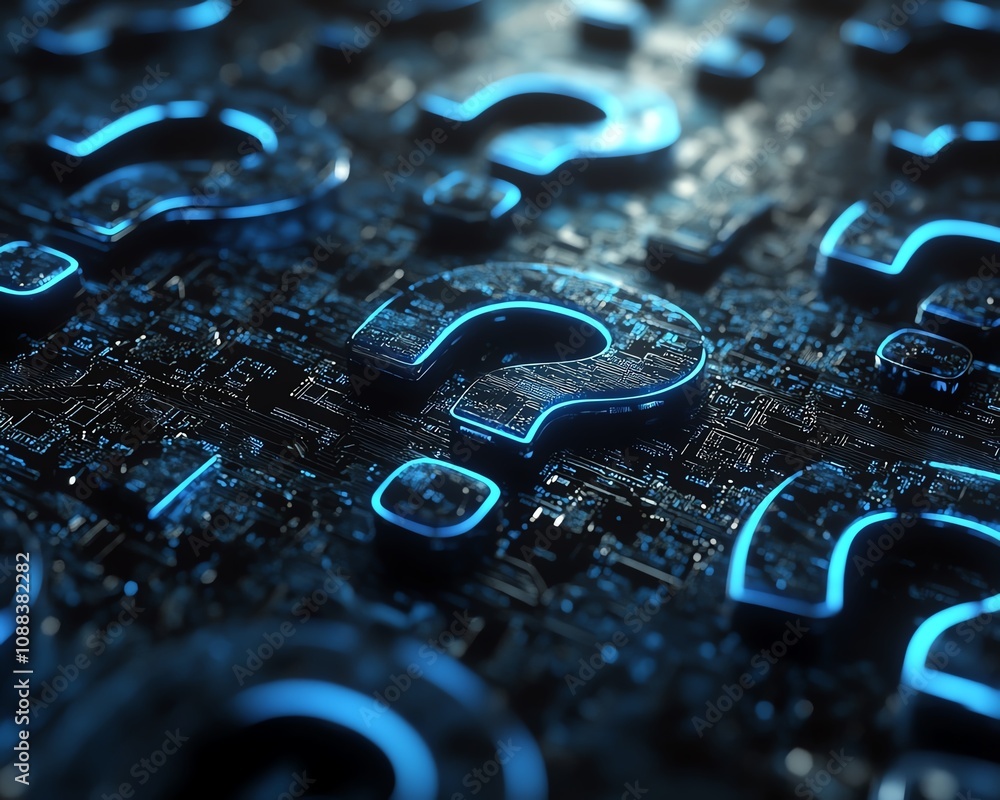 Poster digital 3d rendering of a dark abstract background filled with glowing blue question marks, symboliz