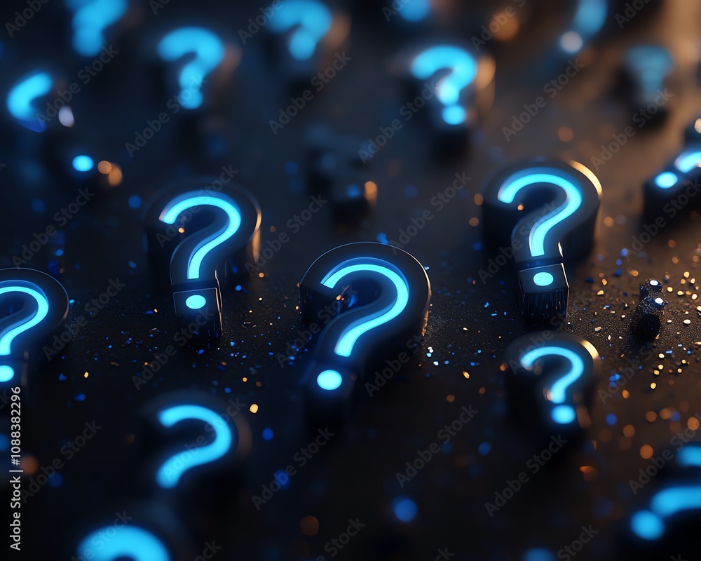 Poster digital 3d rendering of a dark abstract background filled with glowing blue question marks, symboliz