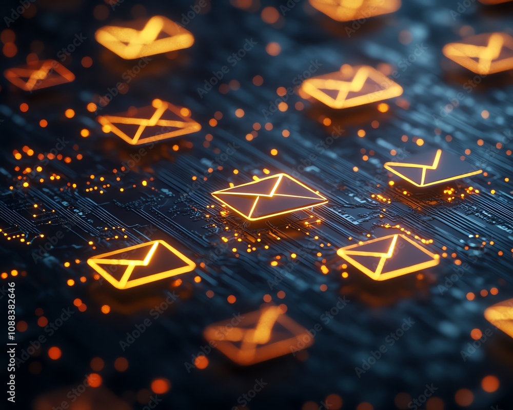 Poster digital networking concept with yellow and red envelope icons floating over a dark circuit backgroun