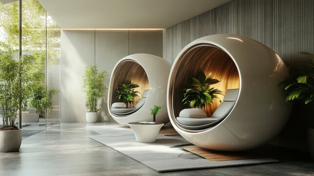 Modern Relaxing Lounge Area with Spherical Chairs.