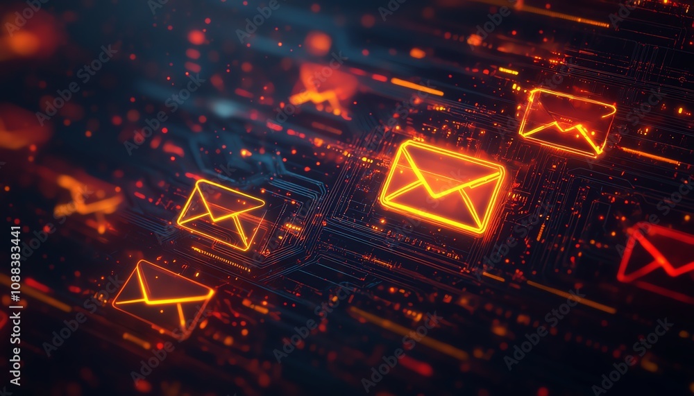 Poster mail communication and networking concept with digital yellow and red envelope icons on a dark circu