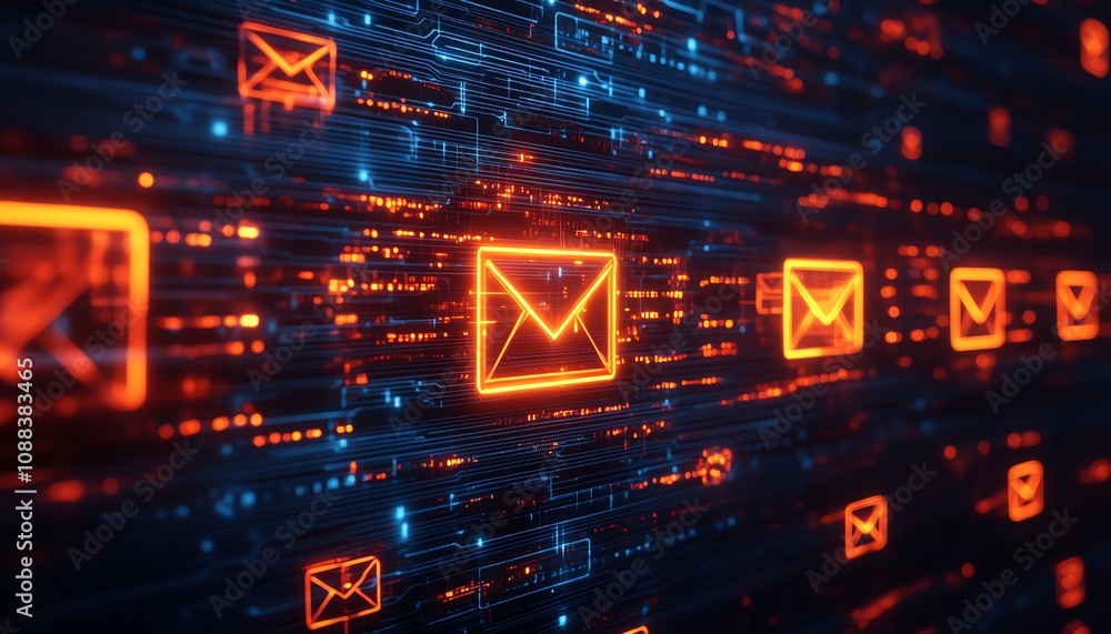 Poster mail communication and networking concept with digital yellow and red envelope icons on a dark circu