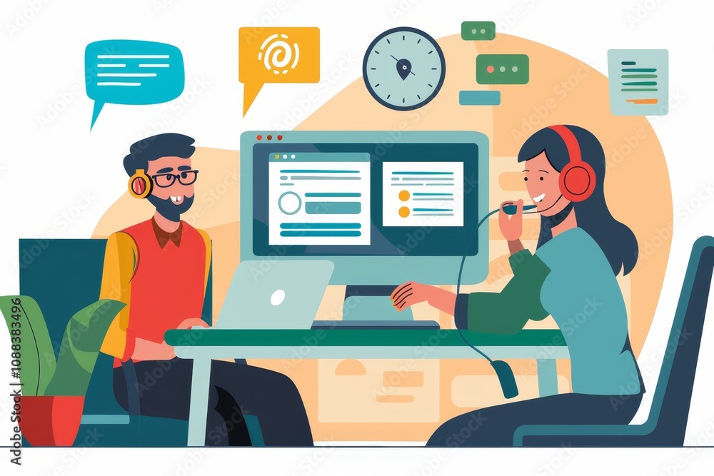 Poster a customer service representative helping a user with technical problems . two people with headsets 