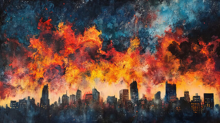 Illustration of a city on fire engulfed in burning fire flames hellfire brimstone, cityscape with leaping raging flames background skyscrapers buildings and smoke dark sky sinful evil wicked disaster 
