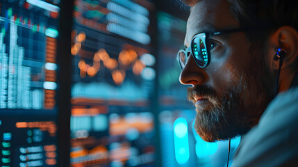 Programming coding and man with focus, hologram and trading with cyber security, futuristic and research. Male person, investor and employee with data analysis, server or investment