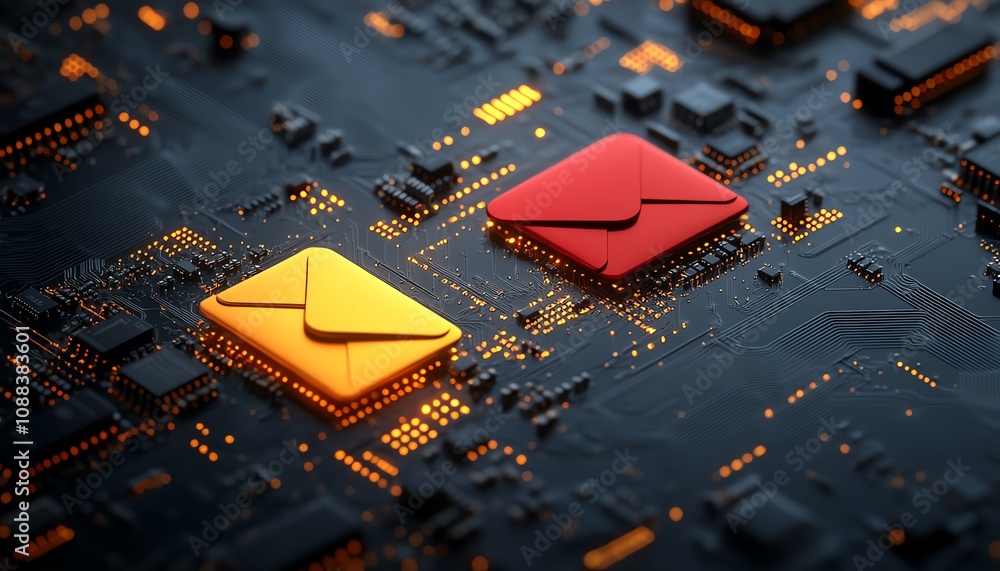 Poster networking and digital communication concept with yellow and red envelope symbols in 3d, set against