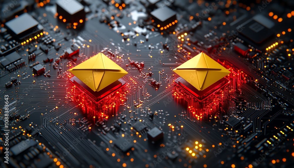 Poster networking and digital communication concept with yellow and red envelope symbols in 3d, set against