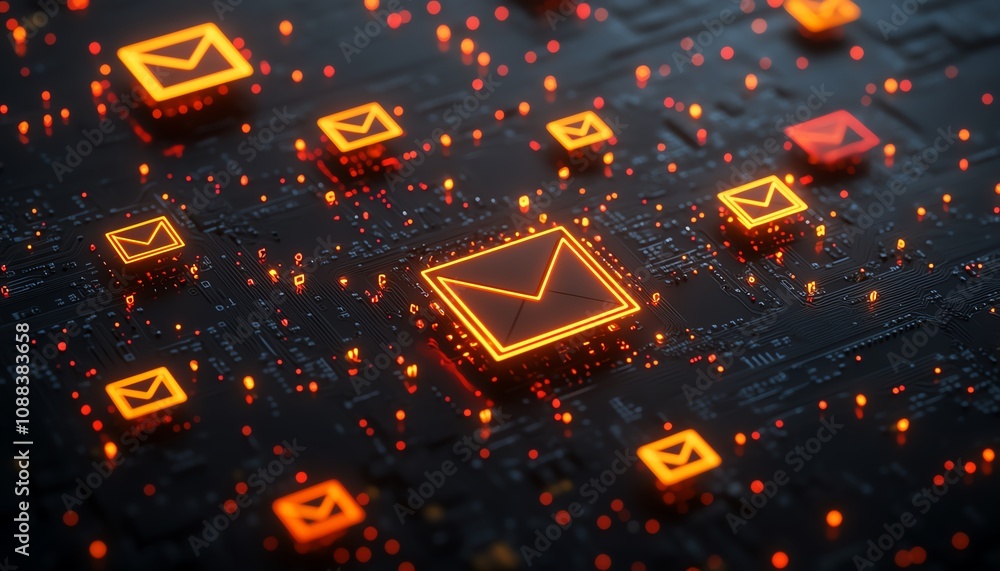 Poster networking and digital communication concept with yellow and red envelope symbols in 3d, set against