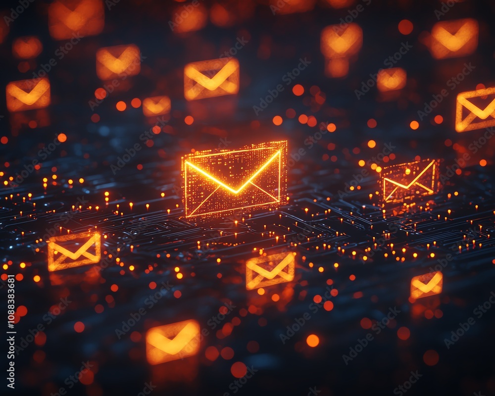 Poster networking and mail communication concept with digital yellow and red envelope symbols on a dark cir