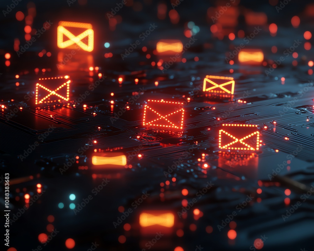 Poster networking and mail communication concept with digital yellow and red envelope symbols on a dark cir