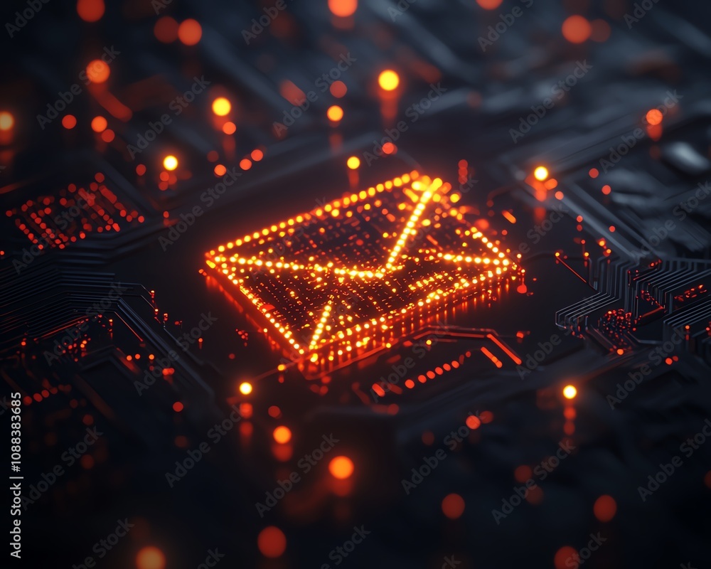 Poster networking and mail communication concept with digital yellow and red envelope symbols on a dark cir