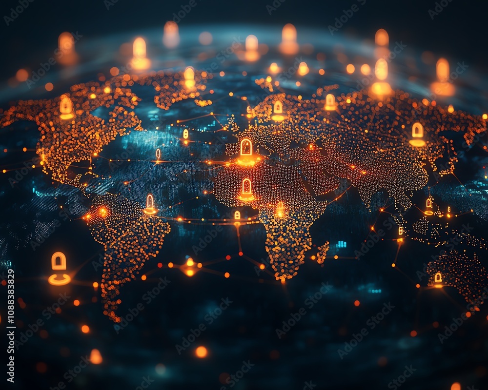 Poster personal data and social communication concept with digital graphic user icons on a world map globe,