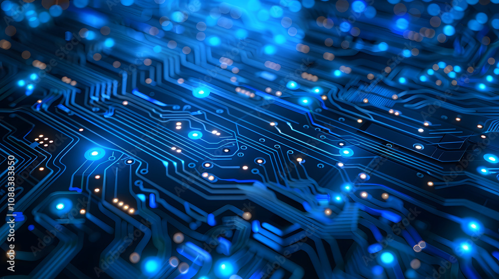 Poster quantum computer technology concept. futuristic blue circuit board background vector. modern technol