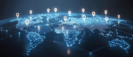 Personal data and social communication concept with digital graphic user icons on a world map globe, set against an abstract dark blue background in 3D rendering