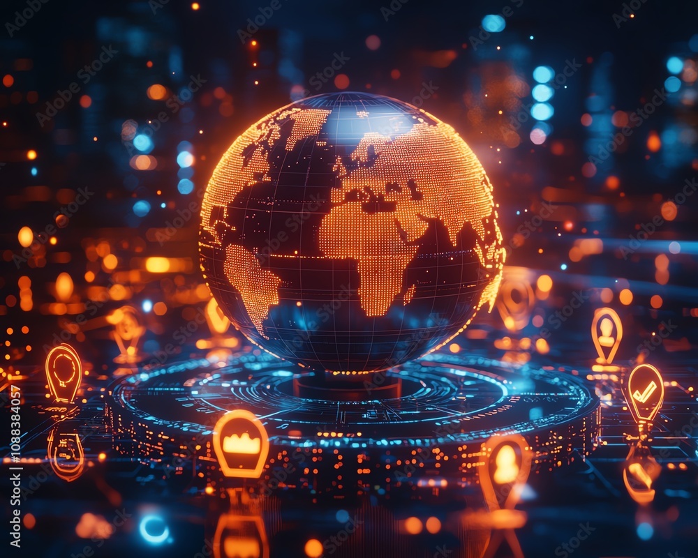 Poster social communication and personal data concept with glowing user icons on a world map globe, set in 