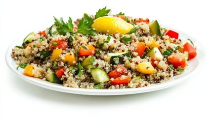 A colorful plate of roasted vegetable quinoa salad with bell peppers, zucchini, cherry tomatoes