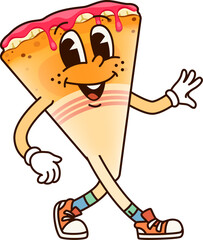 Groovy crepe dessert character with playful face, wearing retro sneakers, exudes joy and energy with wide smile. Cartoon vector fun thin pancake, breakfast food personage exudes happy and funky vibes